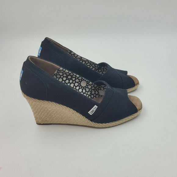 Toms Black Canvas Peep Toe Espadrille Wedge Heel Size 8.5 - Picture 2 of 9